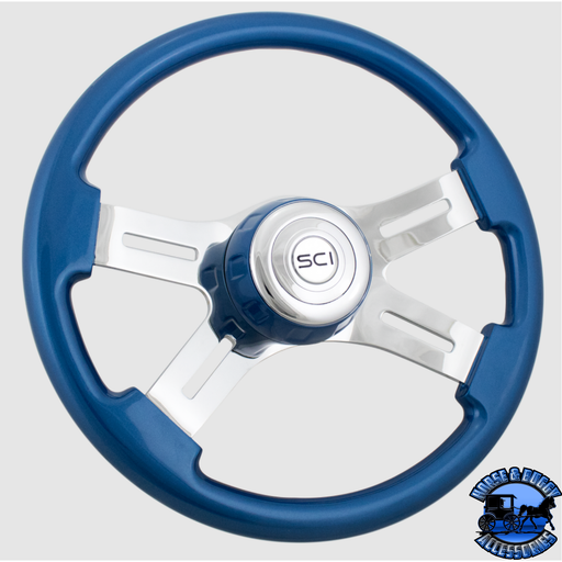 Steering Creations 16" Classic Blue Painted Wood Rim, Chrome 4-Spoke w/Slot Cut Outs, Blue Bezel Wheel
