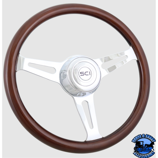 Steering Creations 16" Dart Wood Rim, Chrome 3-Spoke w/Slot Cut Outs, Chrome Bezel Wheel