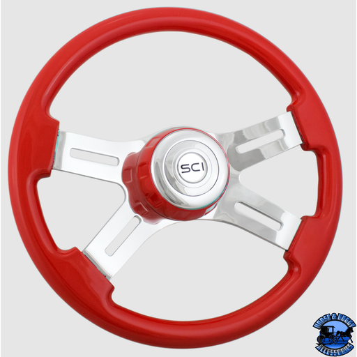 Steering Creations 16" Classic Viper Red Painted Wood Rim, Chrome 4-Spoke w/Slot Cut Outs Wheel