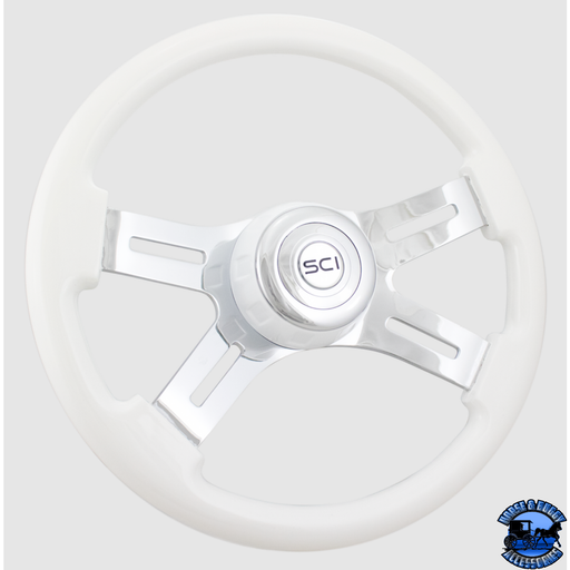 Steering Creations 16" Classic White Painted Wood Rim, Chrome 4-Spoke w/Slot Cut Outs, White Bezel Wheel