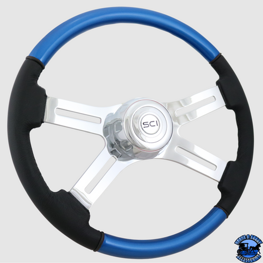 Steering Creations Classic Combo Blue - 18" Wood & Leather Rim 4-Spoke Wheel (3-Hole)