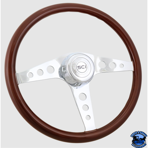 Steering Creations 18'' Racer Mahogany Rim Chrome 3-Spoke Steering Wheel w/ Round Cut Outs