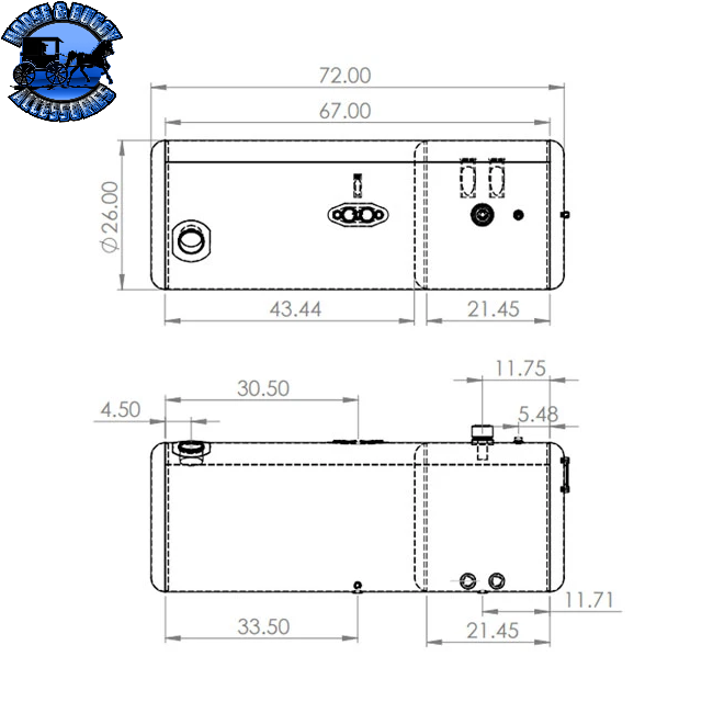 01-060015051 BESTfit Aluminum Split Tank 92 Gallon Fuel- Rear Fill/ 58 Gallon Hydraulic- Front Fill- 26 X 72 Inch W/ Early Style Manifold- Passenger Side For Peterbilt 2006 & Older