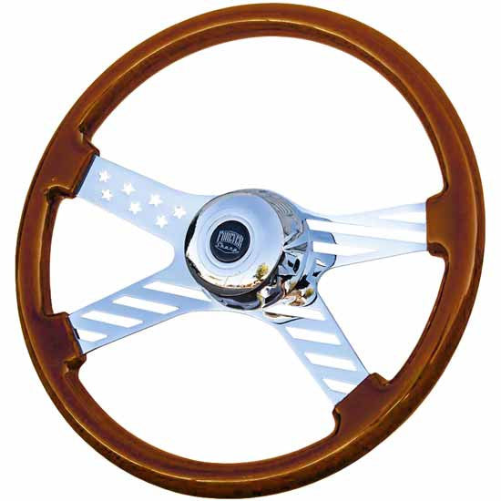 FOREVER SHARP  18 Inch Chrome Stars/Stripes Dark Wood Steering Wheel