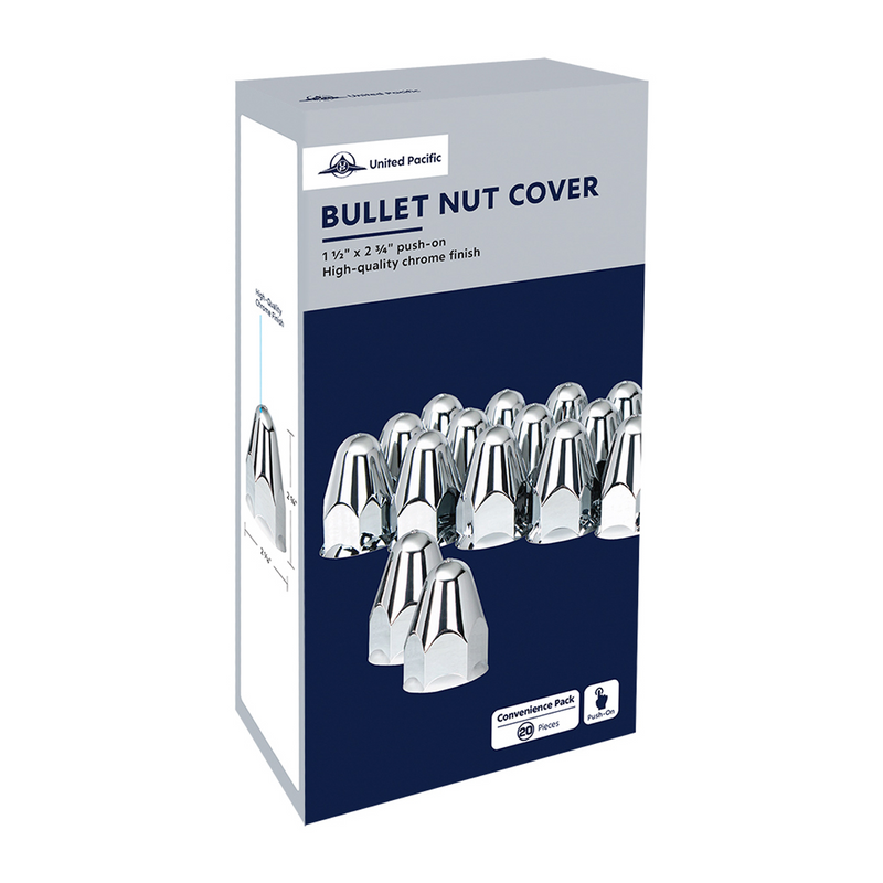 UP-10045 1-1/2" X 2-3/4" Chrome Plastic Bullet Nut Covers - Push-On (Color Box of 20)