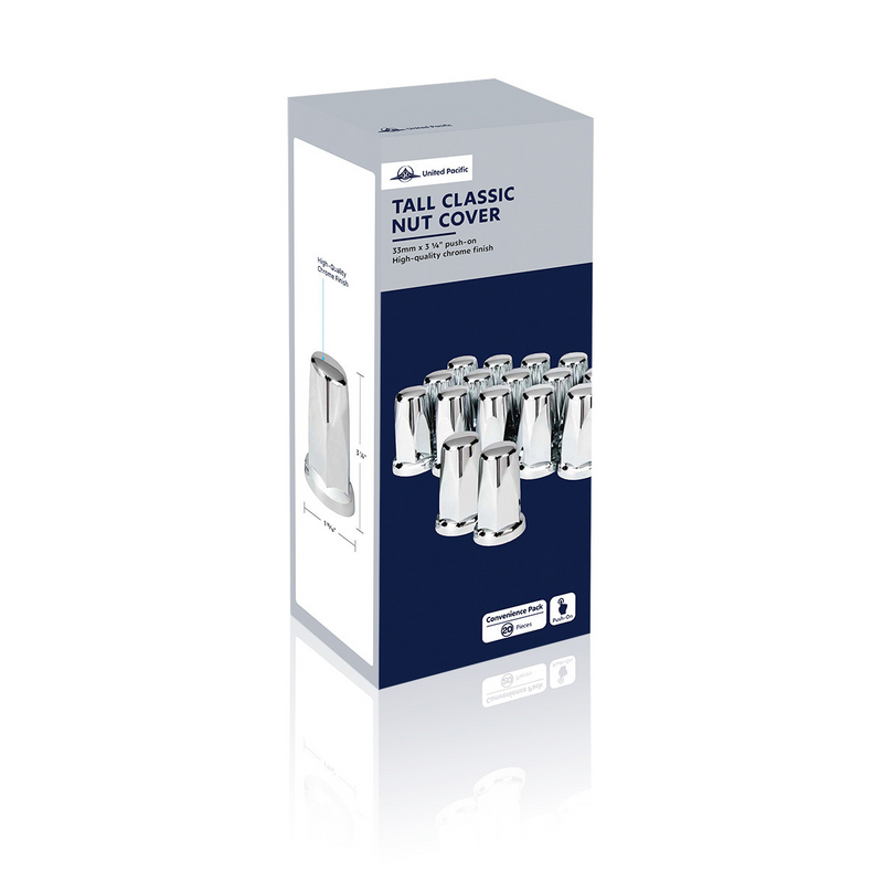 UP-10059 33mm X 3-1/4" Chrome Plastic Tall Nut Covers With Flange - Push-On (Box of 20)