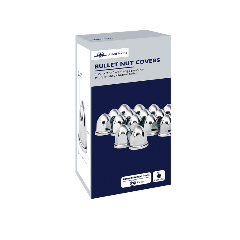 UP-10061 1-1/2" x 2-3/4" Chrome Plastic Bullet Nut Covers With Flange - Push-On (20-Pack)