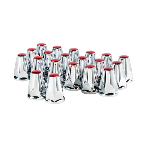 UP-10071 33mm X 2-3/4" Chrome Plastic Nut Covers With Flange - Push-On -Red Reflector (20-Pack)