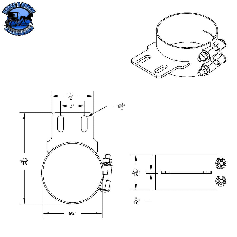 UP-10319 5" Stainless Butt Joint Exhaust clamp - Straight Bracket #10319
