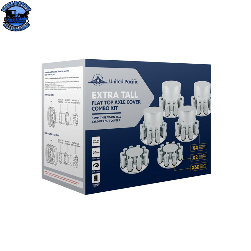 UP-10383 Chrome Plastic Flat Top Axle Cover Combo Kit With 33mm X 4-1/4" Standard Thread-On Tall Cylinder Nut Covers