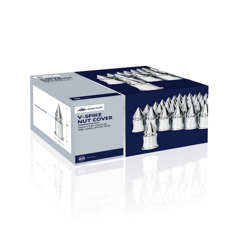 33mm X 4-3/8" Chrome Plastic V-Spike Nut Covers - Thread-On (60-Pack)