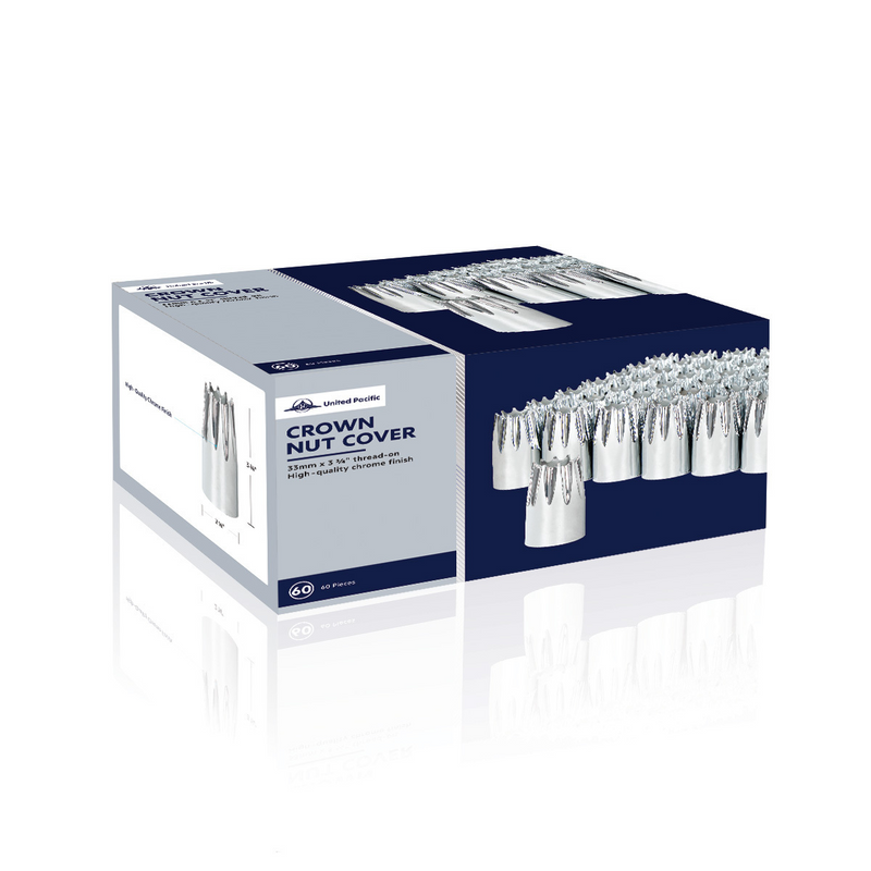 Cubiertas para tuercas de corona de plástico cromado, 33 mm x 3-3/4", roscadas (paquete de 60)