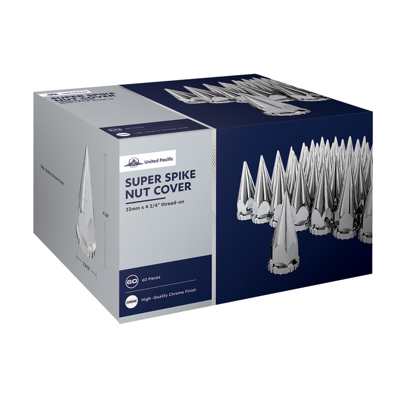 33mm X 4-3/4" Chrome Super Spike Nut Covers - Thread-On (60-Pack)