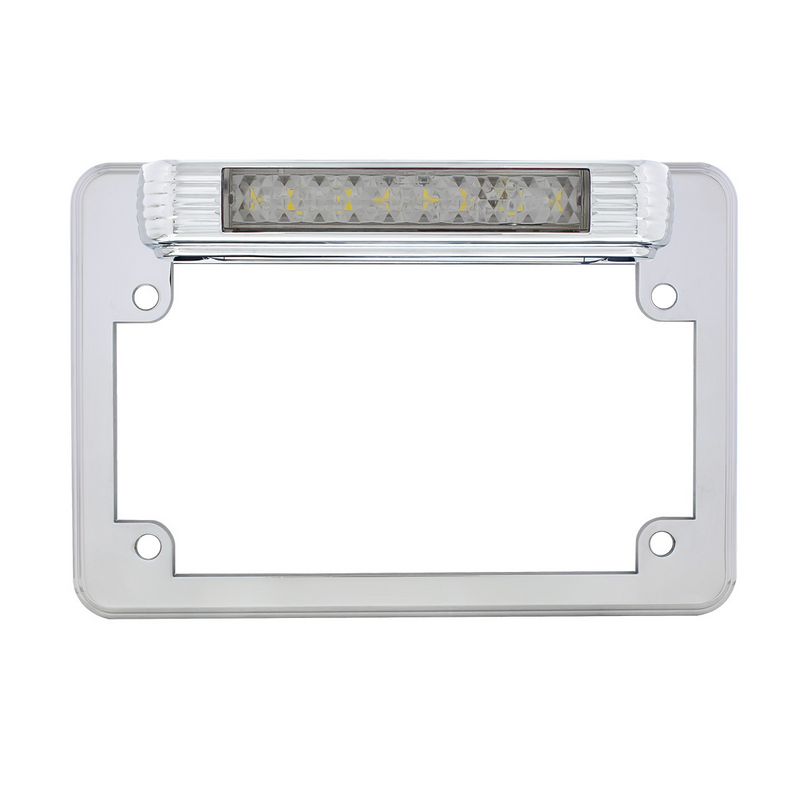 Chrome Motorcycle License Plate Frame With Back-Up Light - White LED/Clears Lens