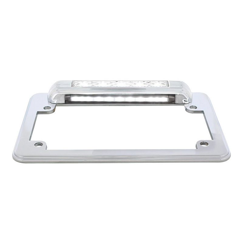 Chrome Motorcycle License Plate Frame With Back-Up Light - White LED/Clears Lens