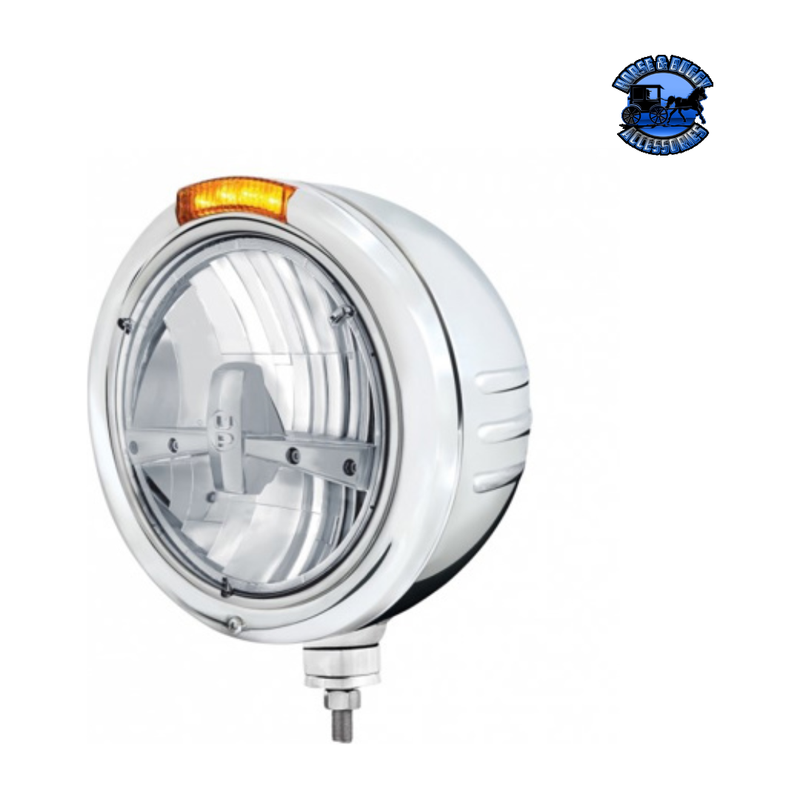 STAINLESS STEEL CLASSIC EMBOSSED STRIPE HEADLIGHT 5 LED BULB & DUAL MODE LED SIGNAL (Choose Color) universal headlight Amber Light Gray
