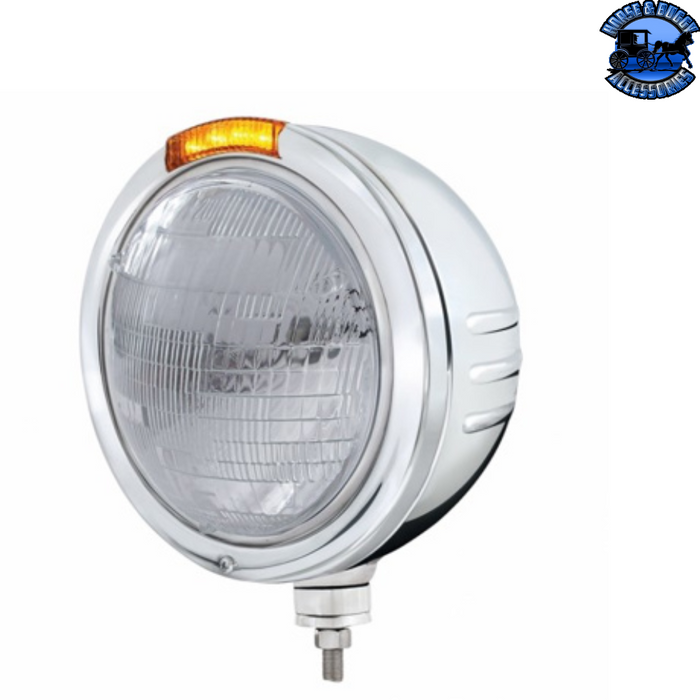 Gray STAINLESS STEEL BULLET EMBOSSED STRIPE HEADLIGHT 6014 & DUAL MODE LED SIGNAL (Choose Color) universal headlight Amber