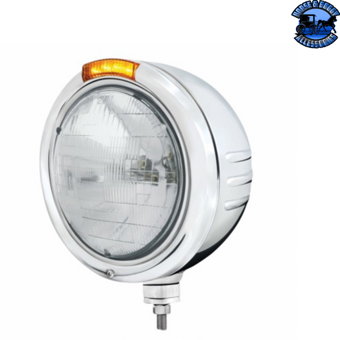 Light Gray STAINLESS STEEL CLASSIC EMBOSSED STRIPE HEADLIGHT H6024 & DUAL MODE LED SIGNAL (Choose Color) HEADLIGHT Amber