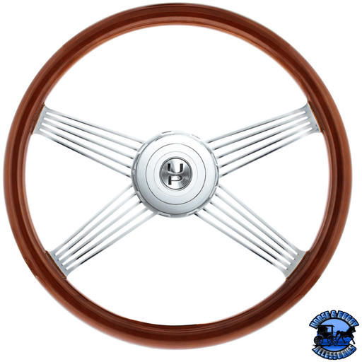 18" CHROME 4 SPOKE WITH WIRE CUTOUT STEERING WHEEL WITH HORN BEZEL & BUTTON-WOOD GRAIN #88118 steering wheel Saddle Brown