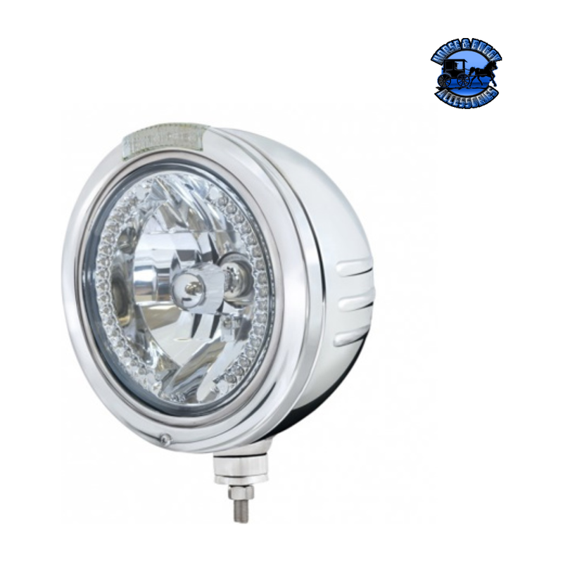 STAINLESS STEEL BULLET EMBOSSED STRIPE HEADLIGHT H4 WITH WHITE LED & DUAL MODE LED SIGNAL (Choose Color) (Choose Side) universal headlight Clear Light Gray