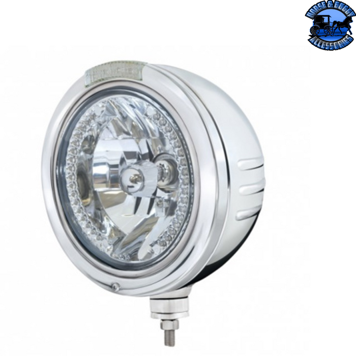Light Gray STAINLESS STEEL BULLET EMBOSSED STRIPE HEADLIGHT H4 WITH WHITE LED & DUAL MODE LED SIGNAL (Choose Color) (Choose Side) universal headlight Clear