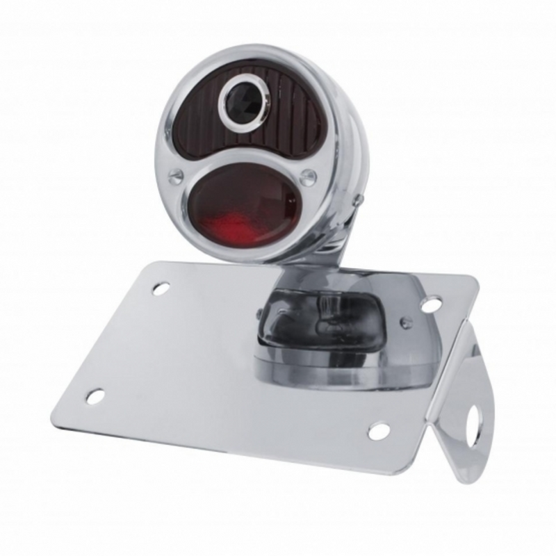 Chrome Horizontal Side Mount LP Bracket With 1928 "DUO Lamp" Blue Dot Lens Tail Light