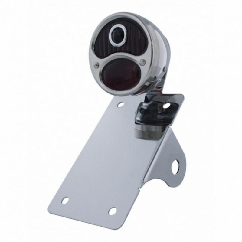 Chrome Vertical Side Mount LP Bracket With 1928 "DUO Lamp" Blue Dot Lens Tail Light