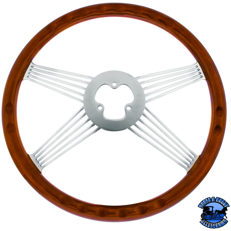 18" CHROME 4 SPOKE WITH WIRE CUTOUT STEERING WHEEL WITH HORN BEZEL & BUTTON-WOOD GRAIN #88118 steering wheel Light Gray