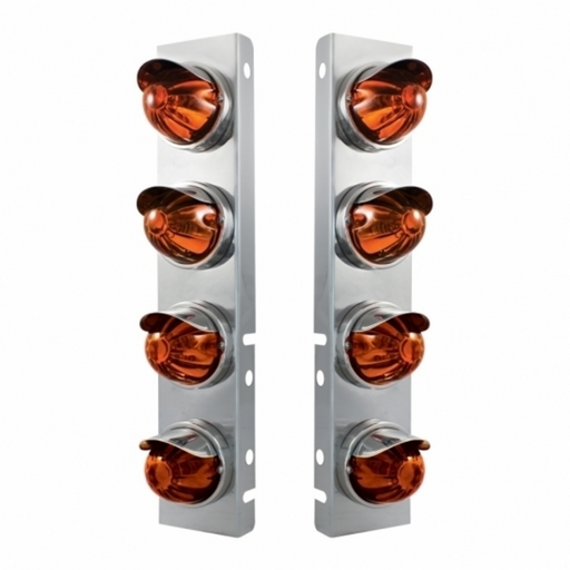 UP-30984 SS Front Air Cleaner Bracket With 8X Glass Watermelon Lights & SS Visors For Peterbilt-Dark Amber Lens