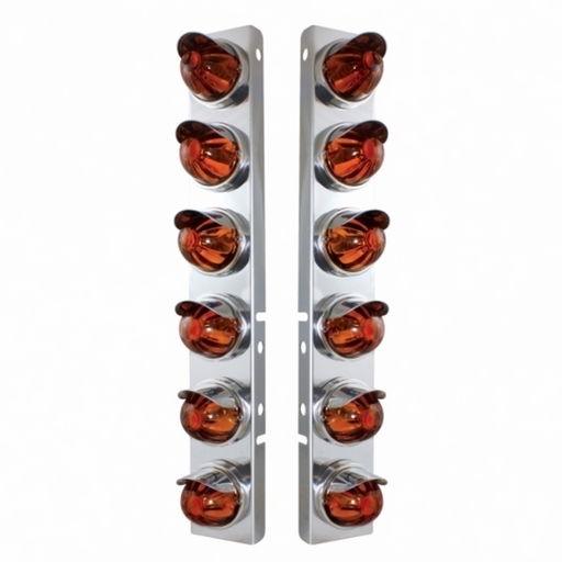 UP-30997 SS Front Air Cleaner Bracket With 12X Glass Watermelon Lights & SS Visors For Peterbilt-Dark Amber Lens