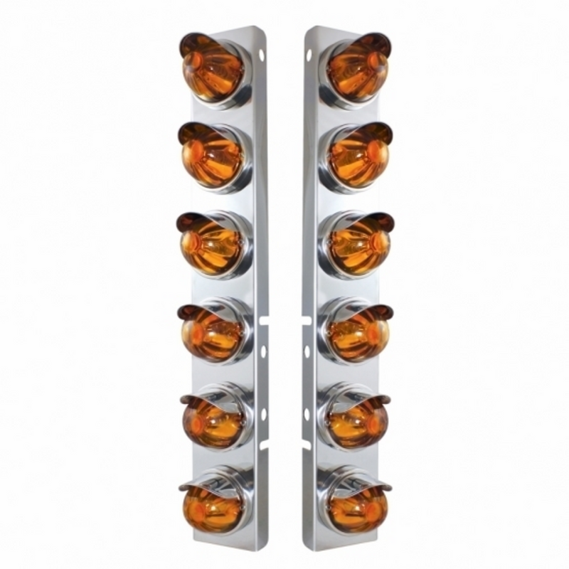 UP-30999 SS Front Air Cleaner Bracket With 12X Glass Watermelon Lights & SS Visors For Peterbilt-Amber Lens
