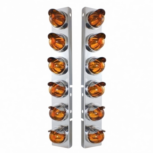 UP-30999 SS Front Air Cleaner Bracket With 12X Glass Watermelon Lights & SS Visors For Peterbilt-Amber Lens