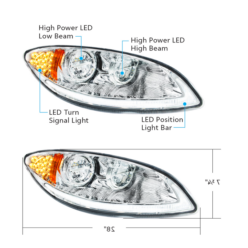 Chrome LED Headlight With LED Light Bar & Turn Signal For 2006-2017 International Prostar-Passenger