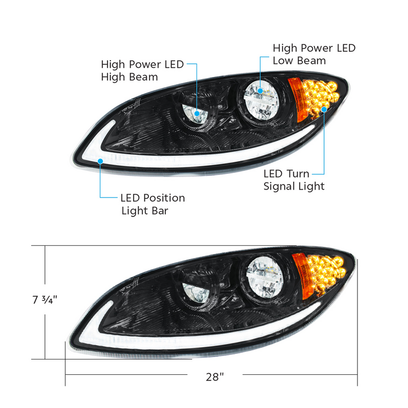 Blackout LED Headlight With LED Light Bar & Turn Signal For 2006-2017 International Prostar-Driver