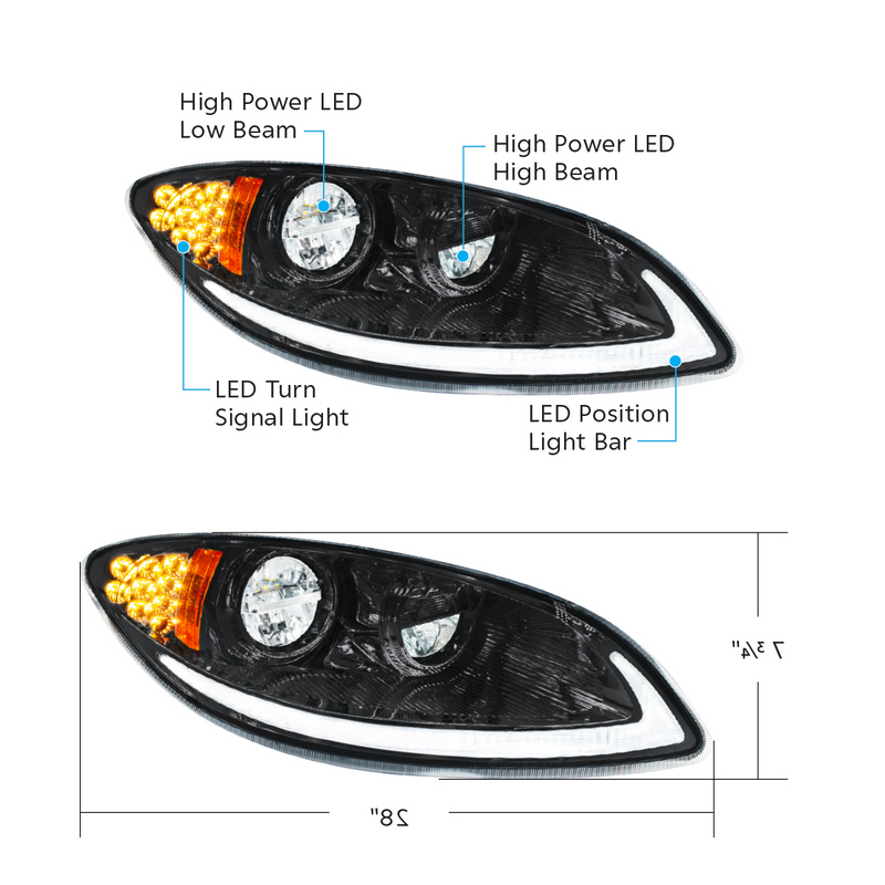 Blackout LED Headlight With LED Light Bar & Turn Signal For 2006-2017 International Prostar-Passenger