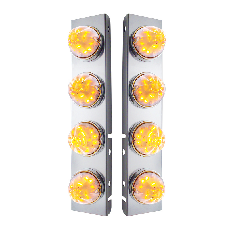 UP-31975 SS Front Air Cleaner Bracket With 8X 17 LED Watermelon Lights & SS Bezels For Peterbilt -Amber LED/Clear Lens (Pair)