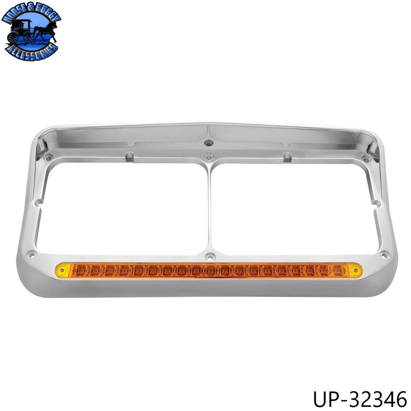 Chrome Rectangular Dual Headlight Bezel With Visor & 19 LED Light Bar - Amber LED/Amber Lens