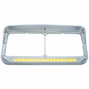 UP-32347 Chrome Rectangular Dual Headlight Bezel With Visor & 19 LED Light Bar - Amber LED/Clear Lens