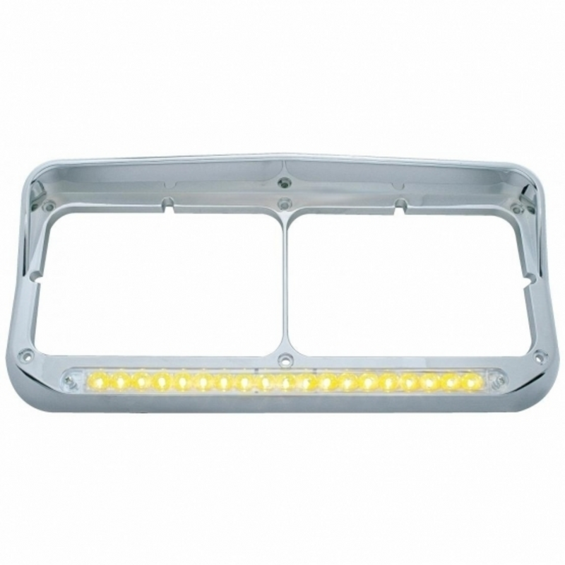 UP-32347 Chrome Rectangular Dual Headlight Bezel With Visor & 19 LED Light Bar - Amber LED/Clear Lens