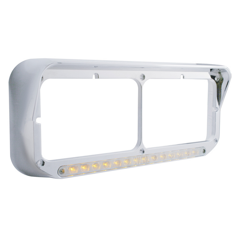 UP-32349 14 LED Chrome Rectangular Dual Headlight Bezel With Visor - Amber LED/Chrome Lens