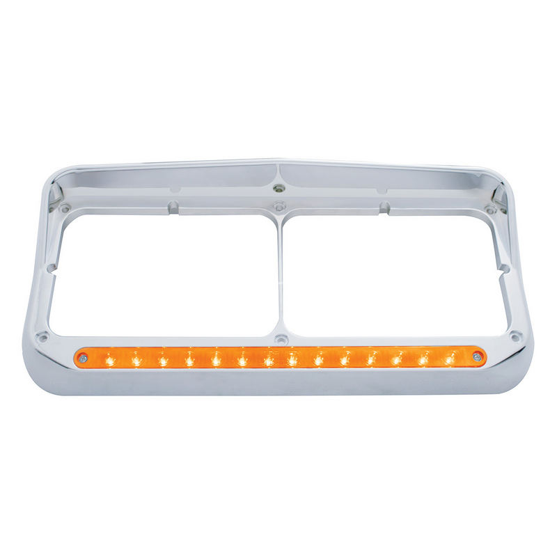 UP-32351 14 LED Chrome Rectangular Dual Headlight Bezel With Visor - Amber LED/Amber Lens