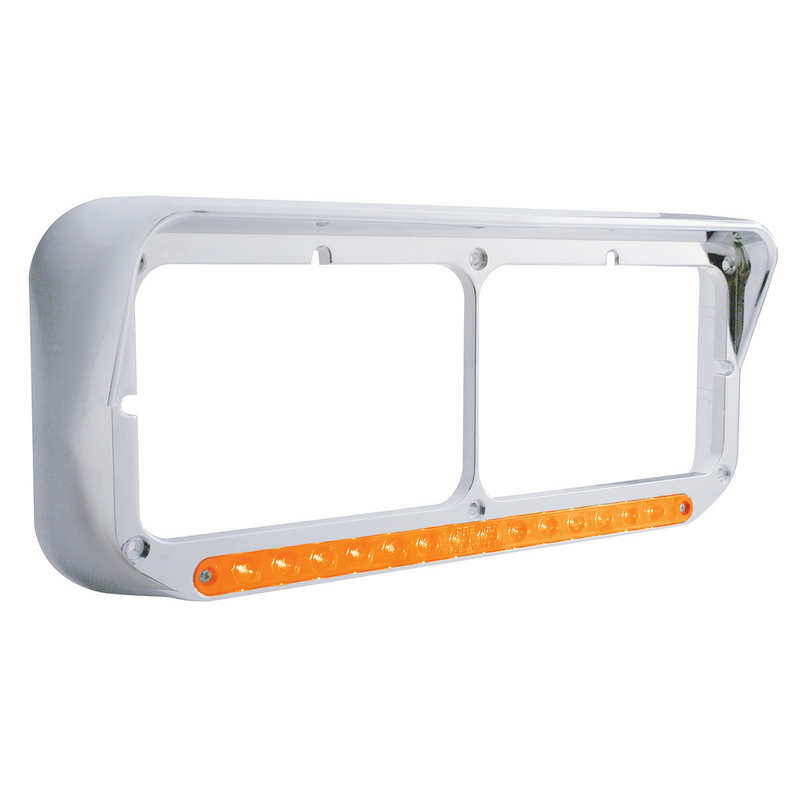 UP-32351 14 LED Chrome Rectangular Dual Headlight Bezel With Visor - Amber LED/Amber Lens