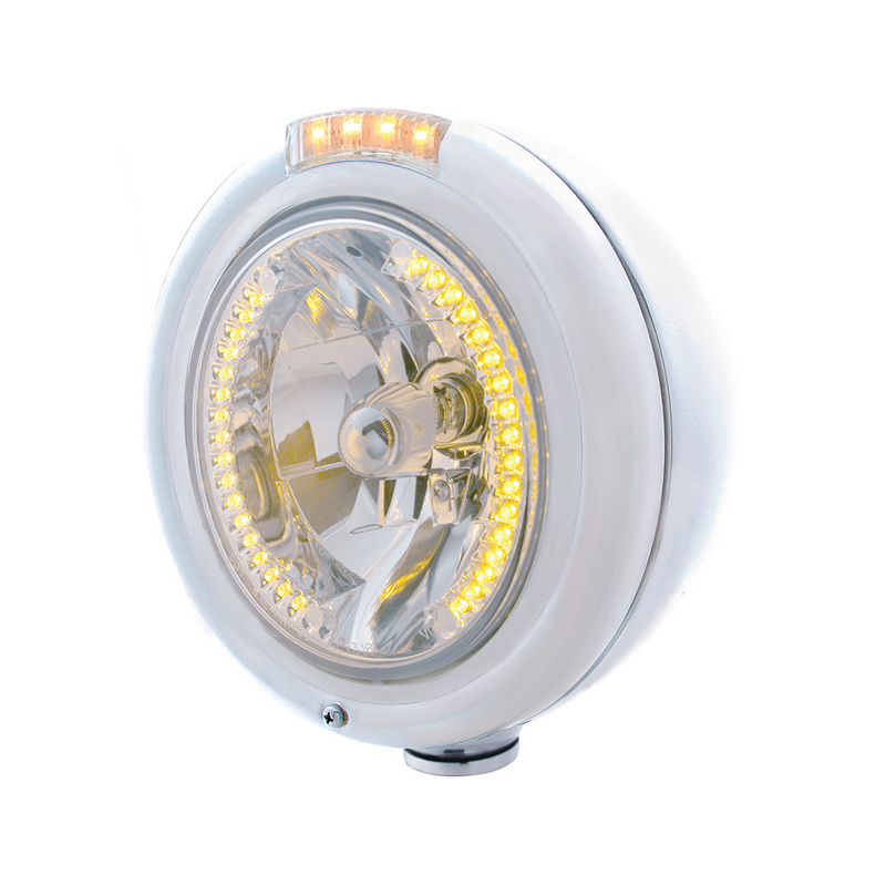 Stainless Steel Classic Headlight H4 With 34 Amber LED & Signal - Clear Lens