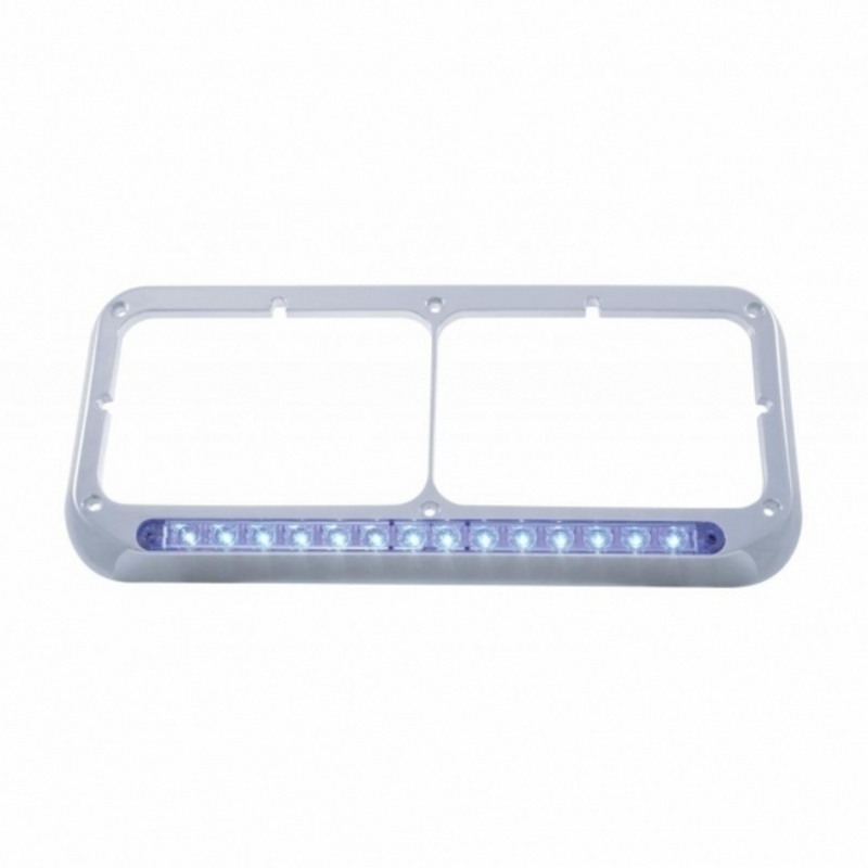 UP-32577 14 LED Chrome Rectangular Dual Headlight Bezel - Blue LED/Clear Lens