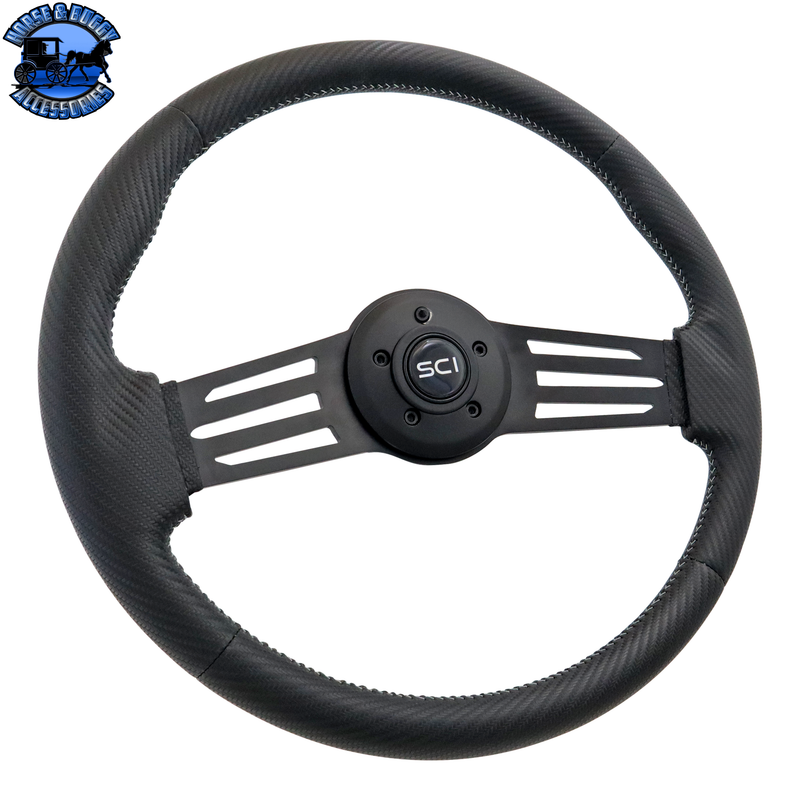 SC-326-3018-70124 18" SKY CARBON - ITALIAN SKY CARBON FIBER VINYL, 5MM ROLLED BLACK STEEL 2-SPOKE, SOFT TOUCH POLYURETHANE, "CIRCUIT" BLACK ALUMINUM RING, CIRCUIT H.B. - BLACK SCI