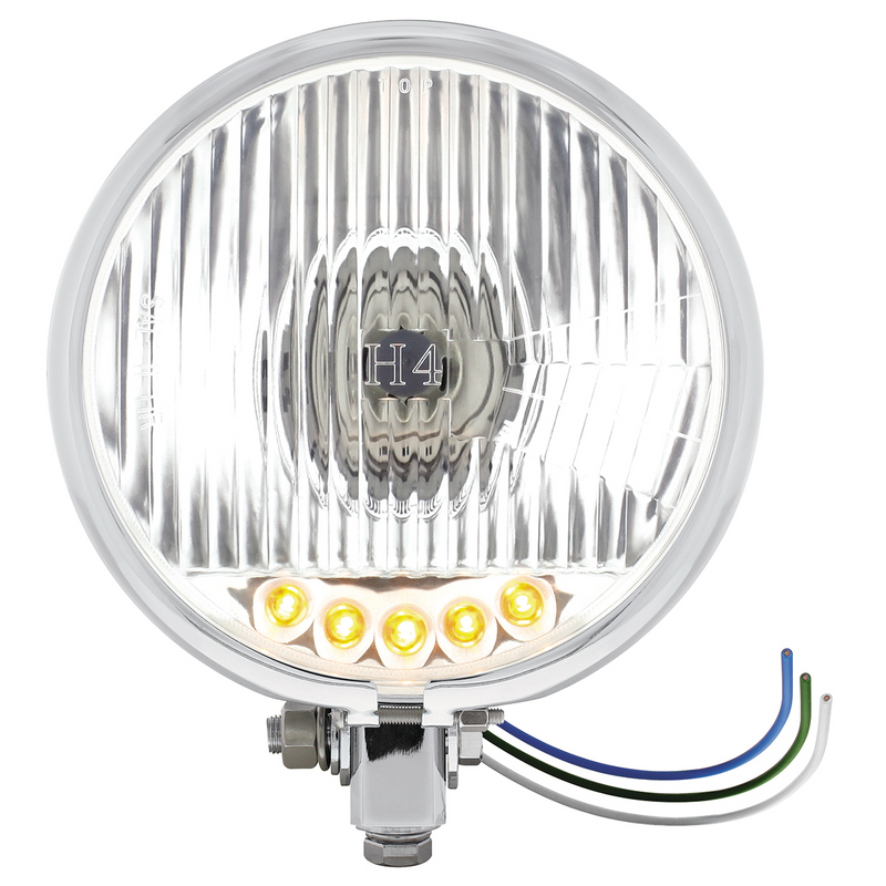 Chrome 5-3/4" Motorcycle Headlight H4 Bulb With 5 Amber LED - Bottom Mount