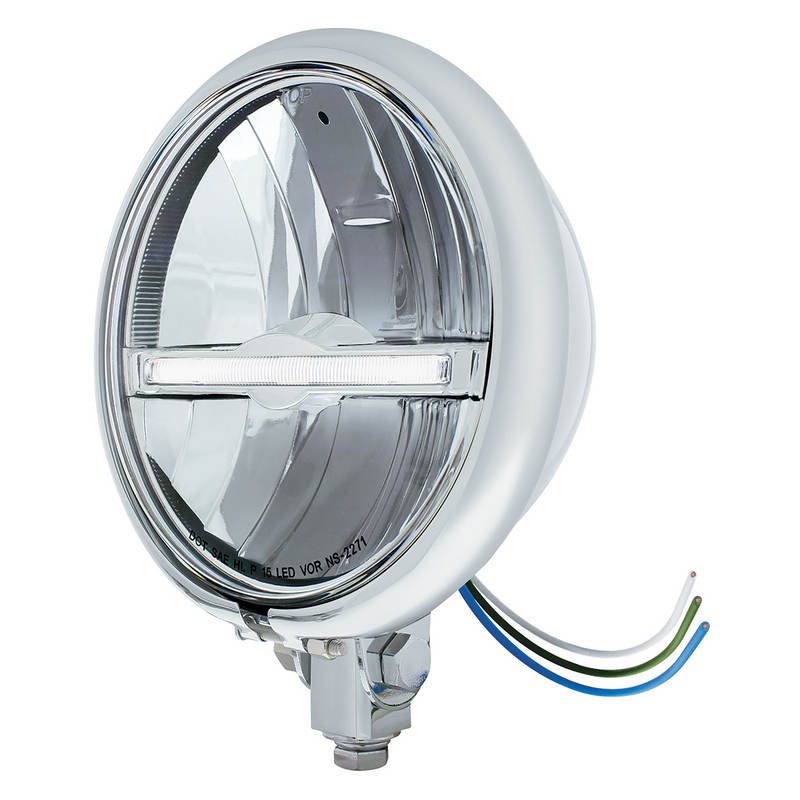 Chrome 5-3/4" Motorcycle Headlight 9 LED Bulb With White LED Light Bar - Bottom Mount