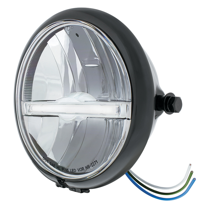 Black 5-3/4" Motorcycle Headlight 9 LED Bulb With White LED Light Bar - Side Mount