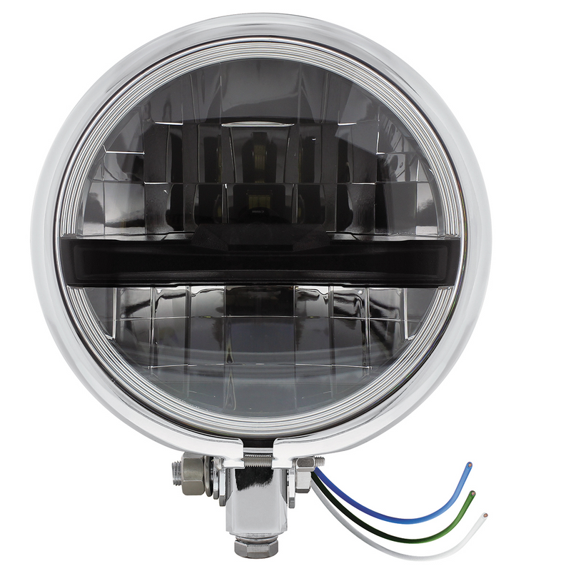 Chrome 5-3/4" Motorcycle Headlight 8 LED Blackout Bulb With Black Bar - Bottom Mount