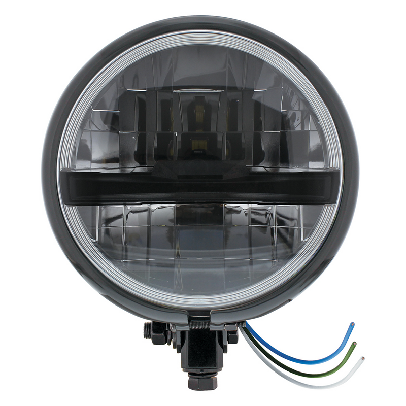 Black 5-3/4" Motorcycle Headlight 8 LED Blackout Bulb With Black Bar - Bottom Mount